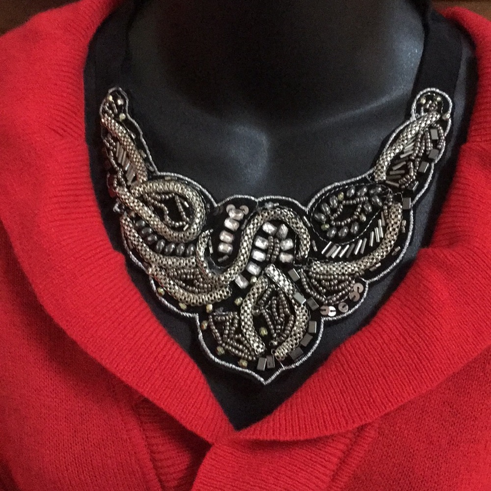 Beaded black necklace collar grosgrain ribbon tie